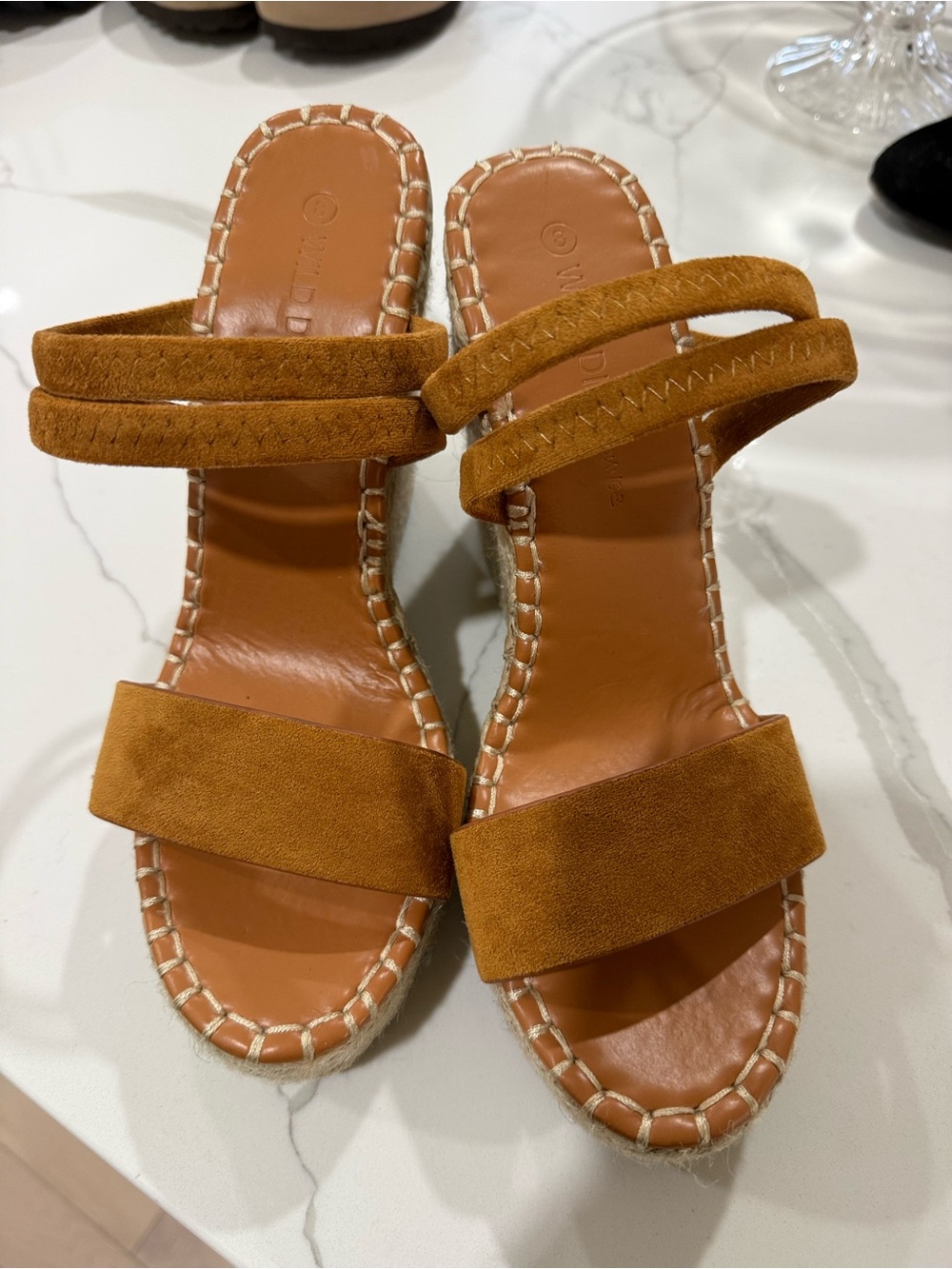 Wild Diva Suede Double-Strap Wedge Sandals in Cognac